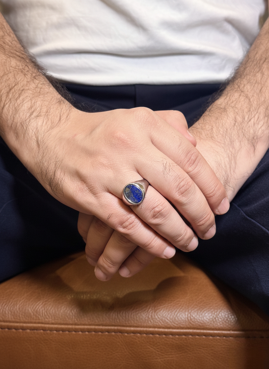 Rounded Lapis Lazuli Male Ring – Blue Natural Stone with Silver Finish