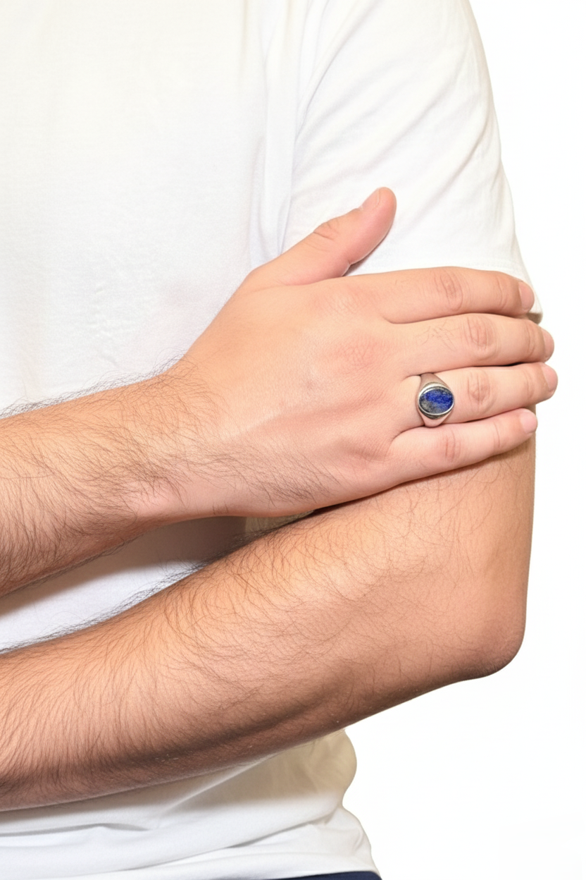 Rounded Lapis Lazuli Male Ring – Blue Natural Stone with Silver Finish