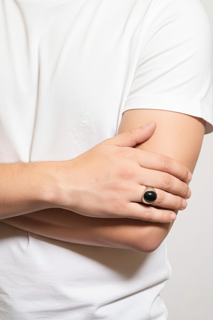 Rounded Black Obsidian Male Ring – Deep Black Natural Stone with Silver Finish