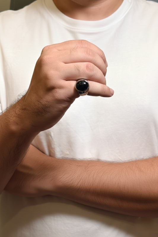 Rounded Black Obsidian Male Ring – Deep Black Natural Stone with Silver Finish