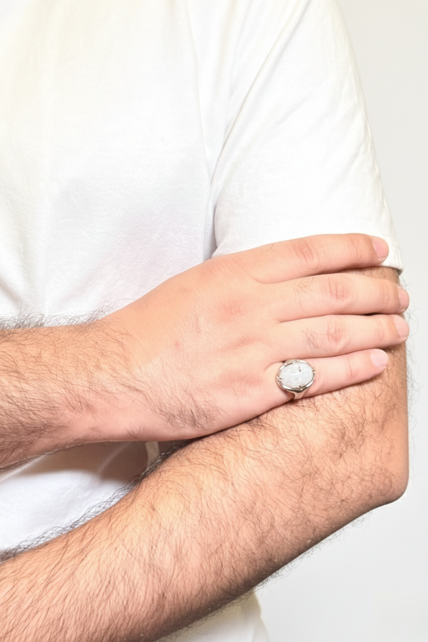Rounded Howlite Male Ring – Soft White Natural Stone with Silver Finish
