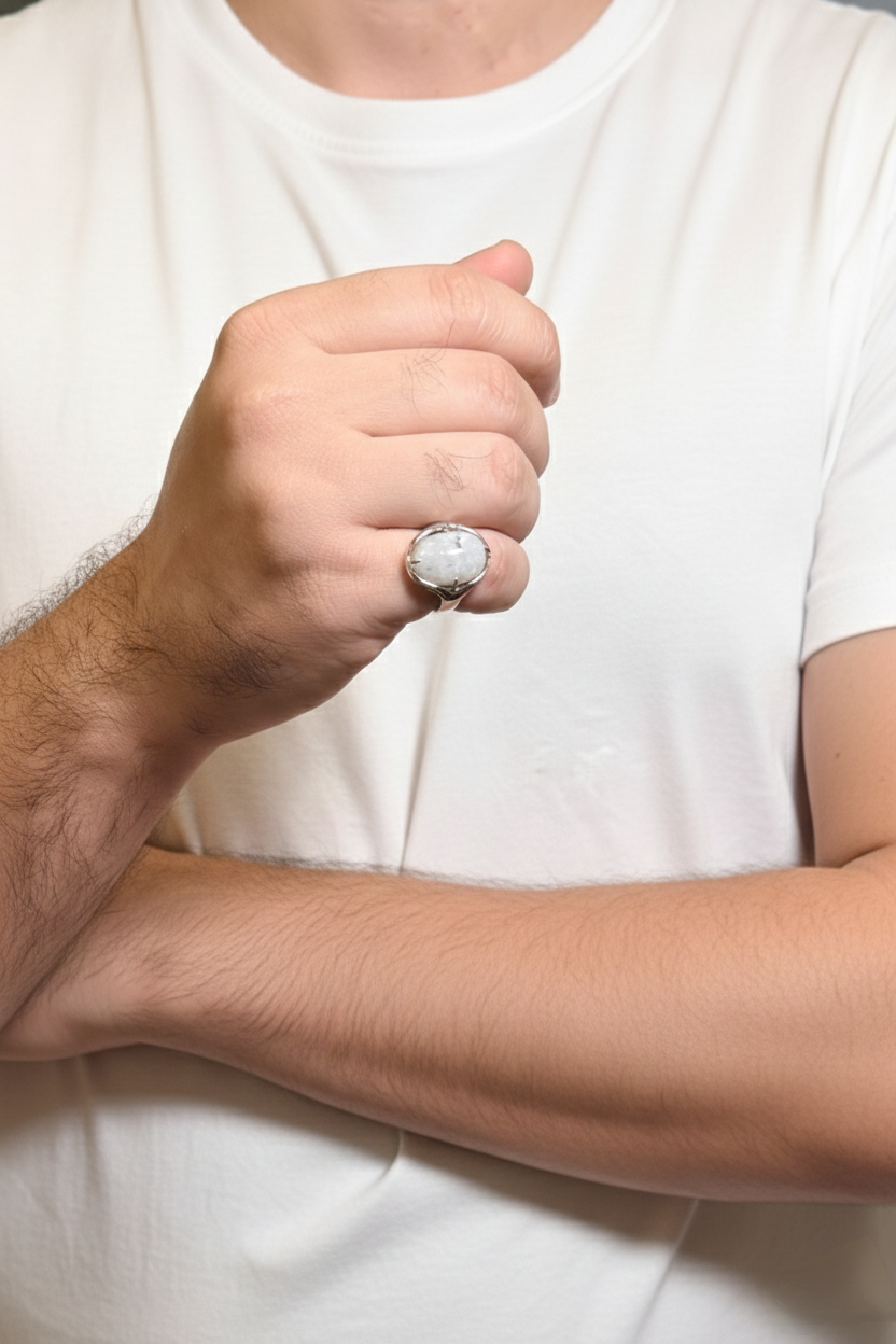 Rounded Howlite Male Ring – Soft White Natural Stone with Silver Finish