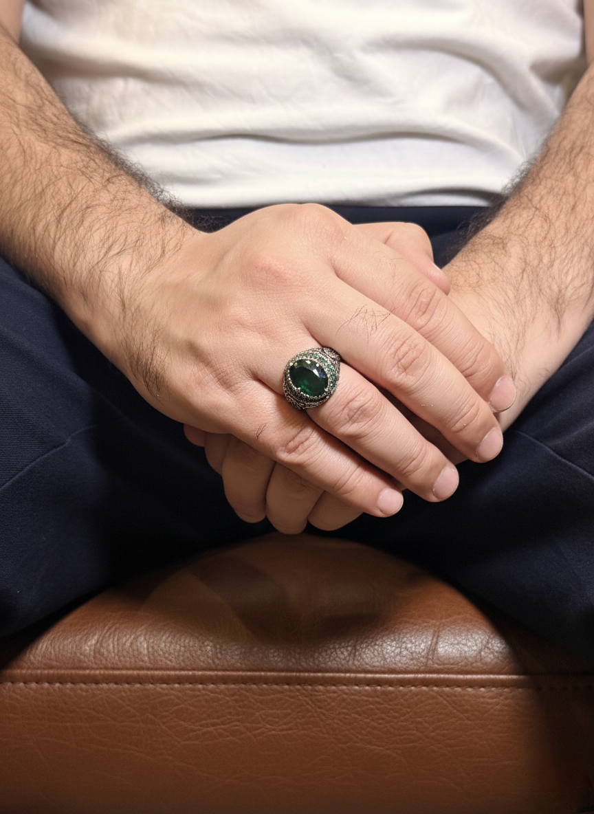 Rounded Green Onyx Male Ring – Deep Green Natural Stone with Silver Finish