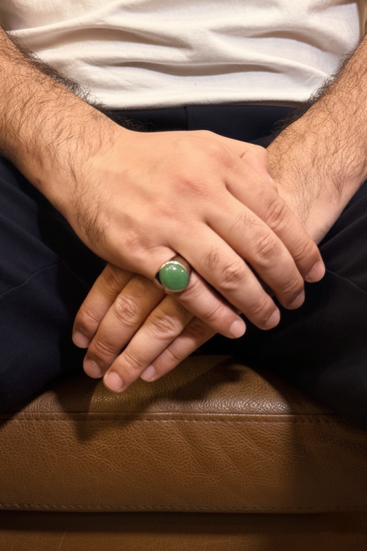 Rounded Green Aventurine Male Ring – Soft Green Natural Stone with Silver Finish