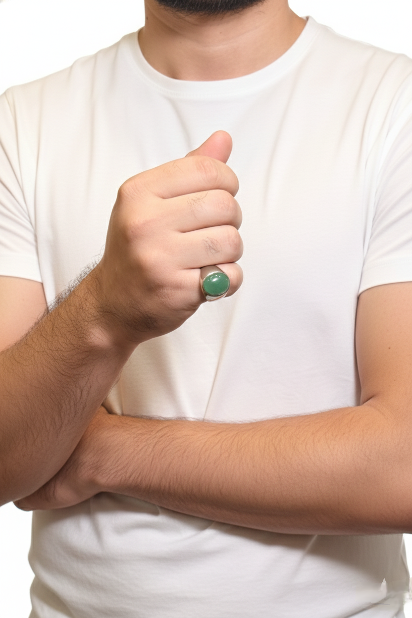 Rounded Green Aventurine Male Ring – Soft Green Natural Stone with Silver Finish