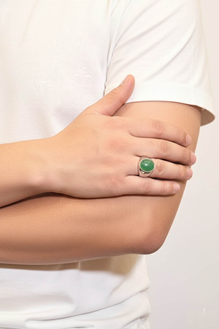 Rounded Green Aventurine Male Ring – Soft Green Natural Stone with Silver Finish