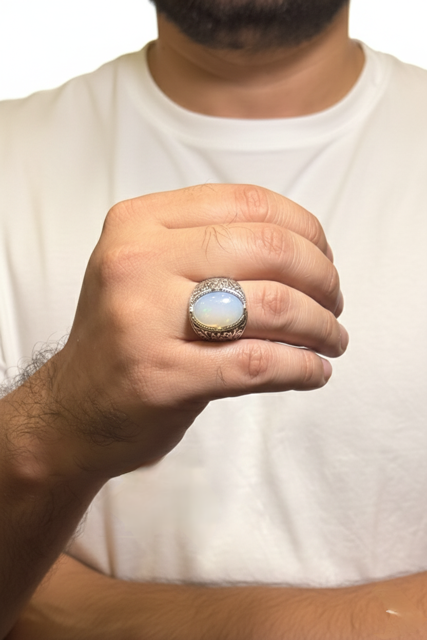 Rounded Moonstone Male Ring – Milky White Natural Stone with Silver Finish