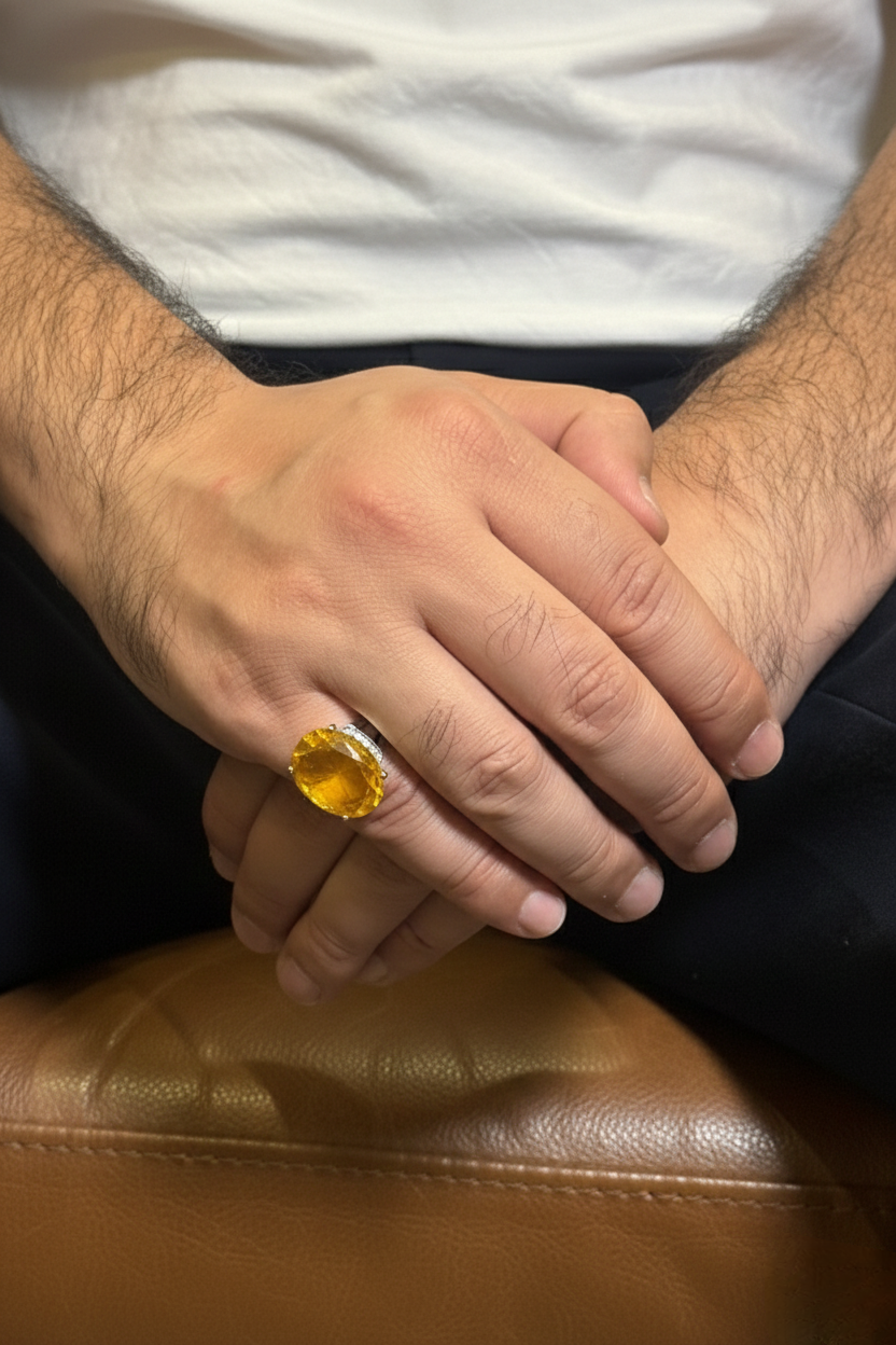 Close-up of a hand wearing a yellow gemstone ring on a brown leather surface.