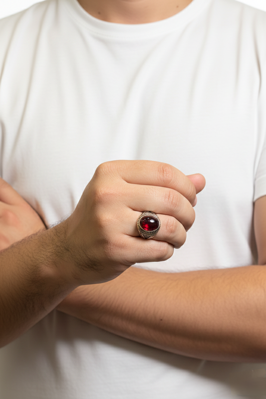 Rounded Garnet Male Ring – Deep Red Natural Stone with Silver Finish