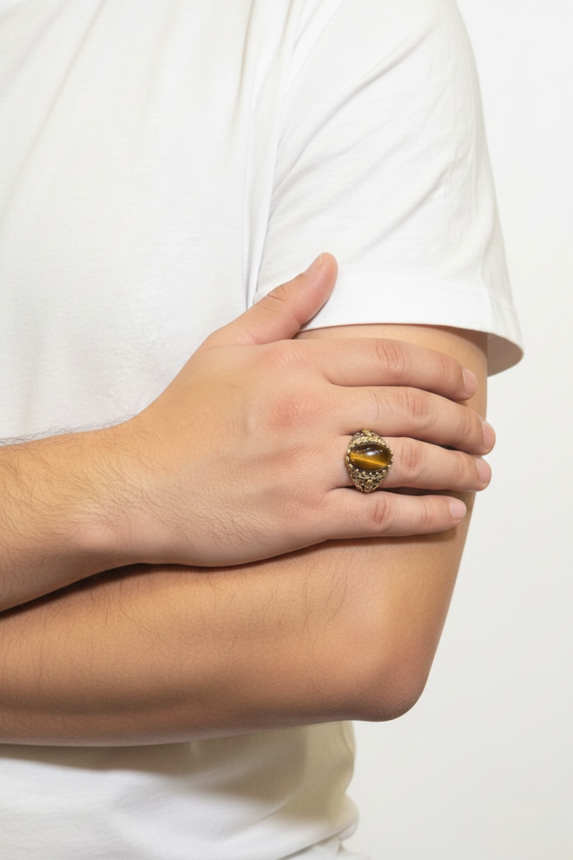 Rounded Tiger Eye Male Ring – Golden Brown Natural Stone with Silver Finish