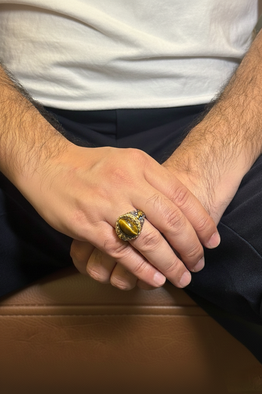 Rounded Tiger Eye Male Ring – Golden Brown Natural Stone with Silver Finish