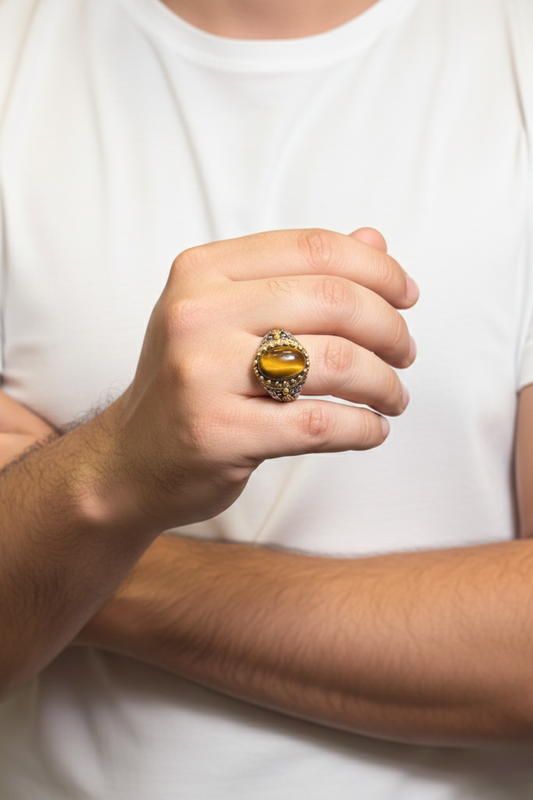 Rounded Tiger Eye Male Ring – Golden Brown Natural Stone with Silver Finish