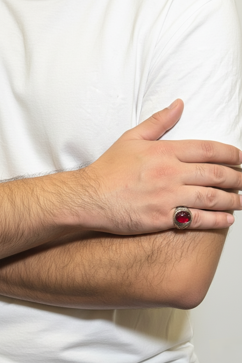 Hand wearing a ring with a red gemstone against a white background