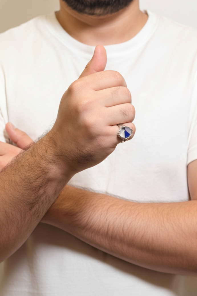Faceted Labradorite Male Ring – Blue Green Natural Stone with Silver Finish
