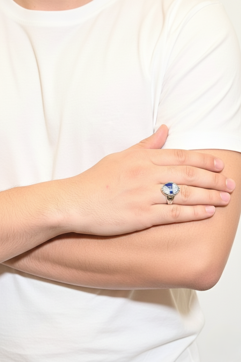 Faceted Labradorite Male Ring – Blue Green Natural Stone with Silver Finish