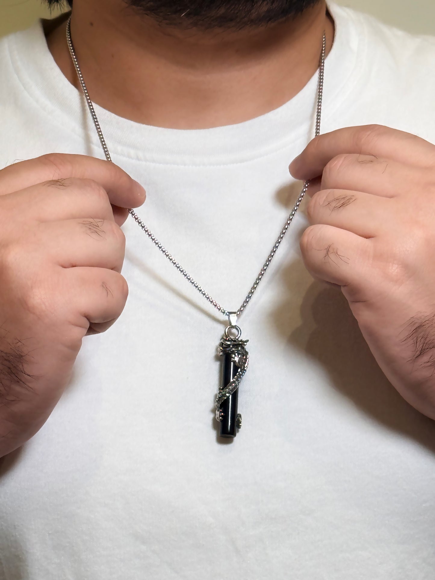 Black Onyx Dragon Pendant Necklace – Men’s Silver Chain