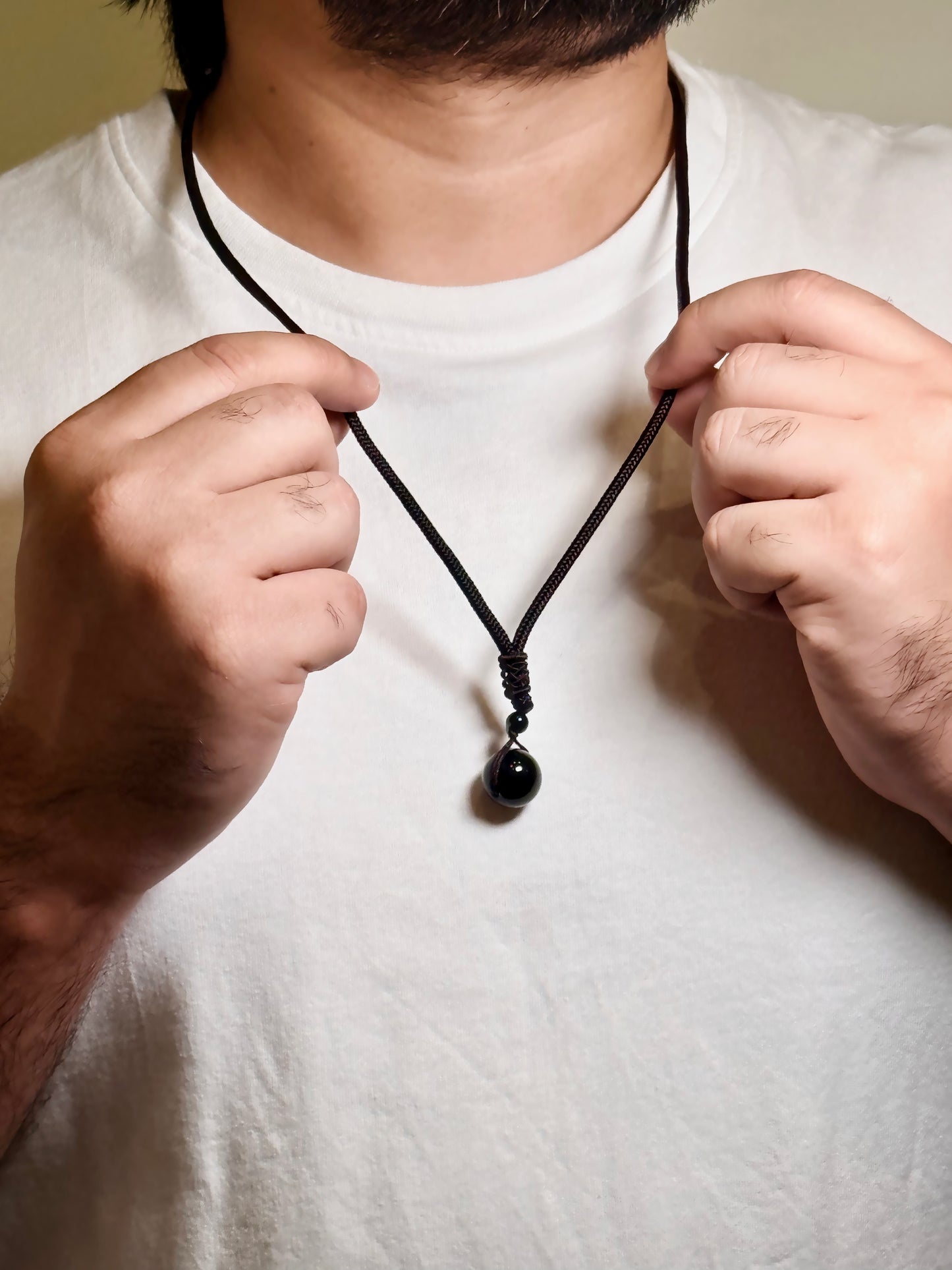 Men’s Black Onyx Bead Necklace on Adjustable Cord