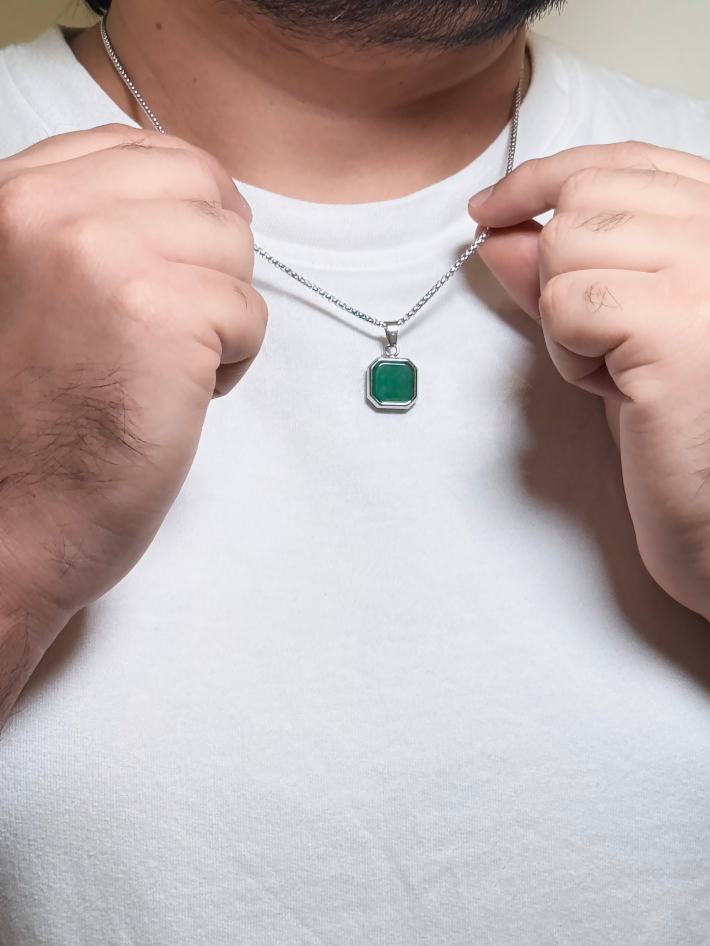 Green Aventurine Square Pendant Men’s Necklace – Natural Green Stone Necklace