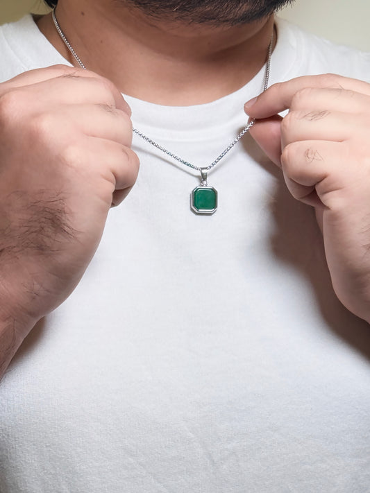 Green Aventurine Square Pendant Men’s Necklace – Natural Green Stone Necklace