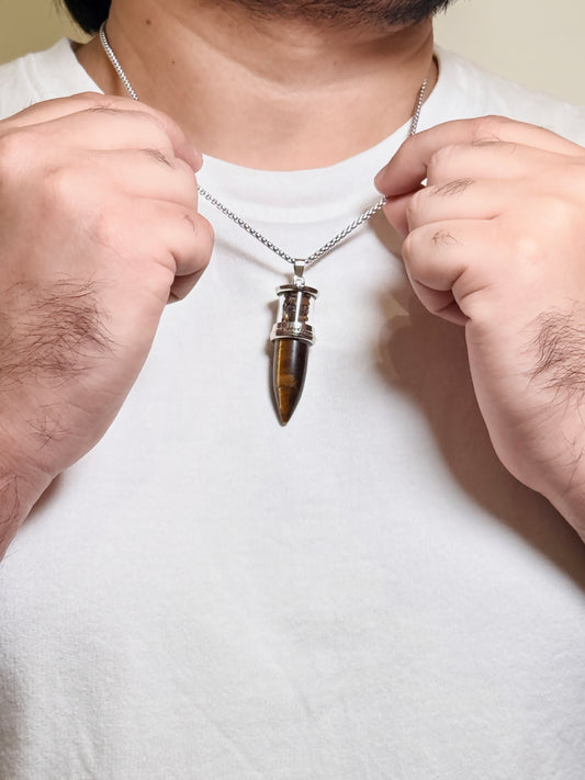 Tiger Eye Bullet Pendant Necklace with Natural Stone Chips – Men’s Silver Chain