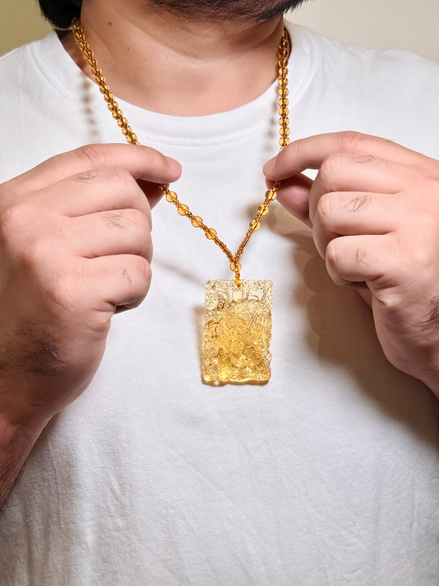 Men’s Gold Bead Necklace with Amber Stone – Rectangular Amber Pendant Statement Necklace