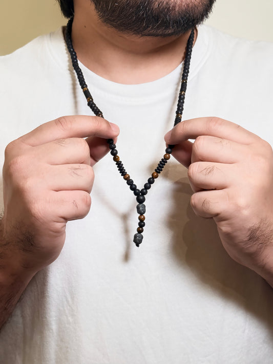 Men’s Black Matte Bead Necklace with Tiger Eye Accents – Natural Stone Beaded Necklace