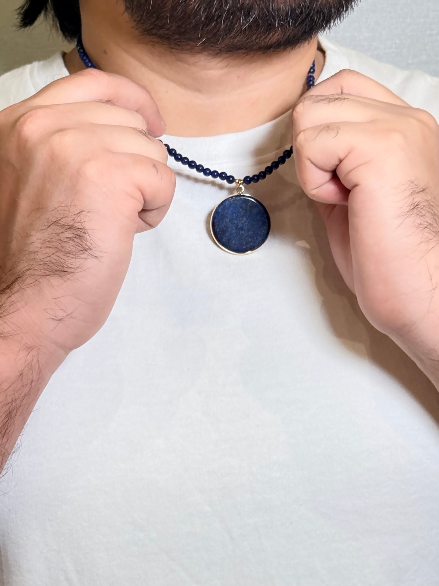 Lapis Lazuli Round Pendant Men’s Beaded Necklace – Natural Stone Beaded Necklace