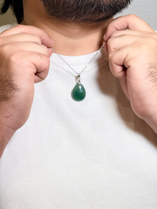 Green Aventurine Teardrop Pendant Men’s Necklace – Natural Stone Pendant Necklace