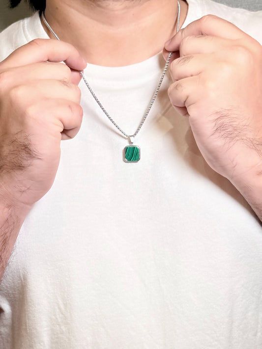 Malachite Square Pendant Men’s Necklace – Natural Green Stone Necklace