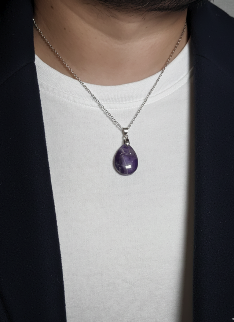 Amethyst Teardrop Pendant Men’s Necklace – Natural Purple Stone Necklace