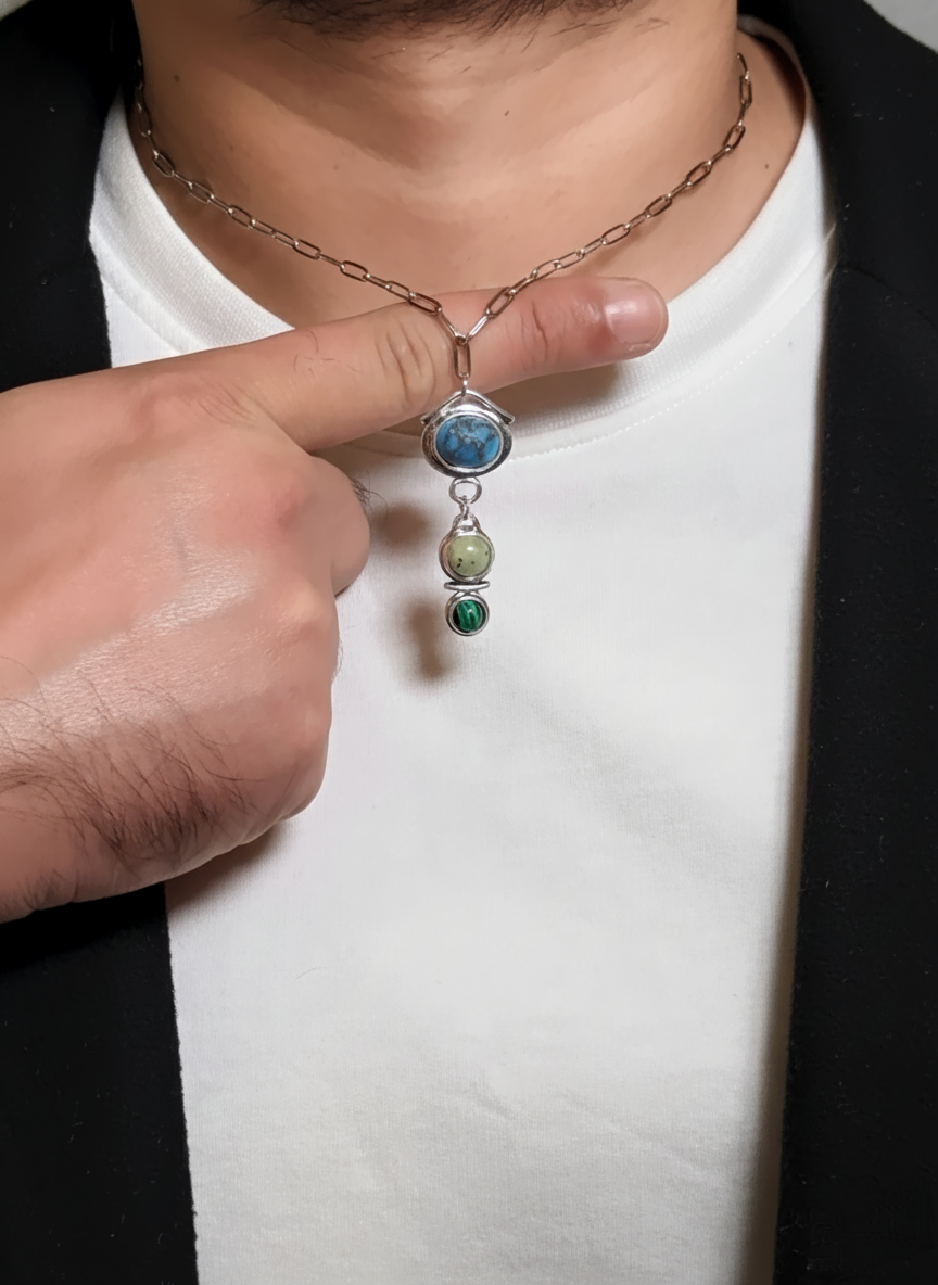 Turquoise, Jade & Malachite Multi-Stone Pendant Men’s Necklace – Natural Stone Necklace