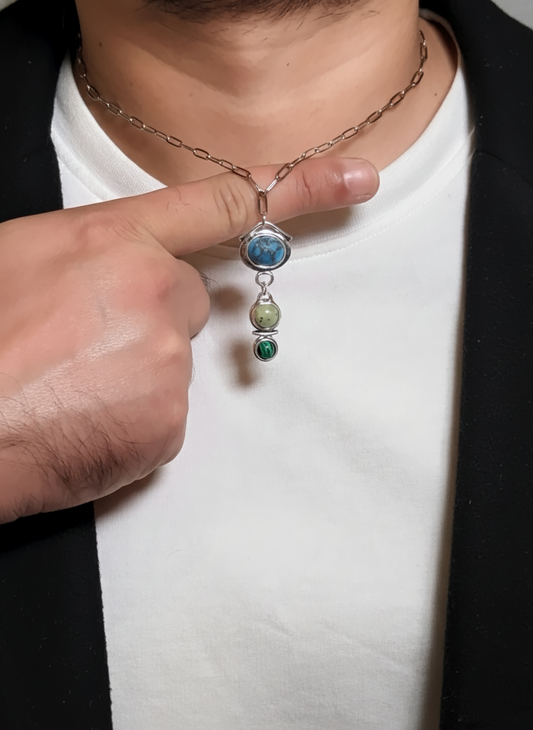 Turquoise, Jade & Malachite Multi-Stone Pendant Men’s Necklace – Natural Stone Necklace