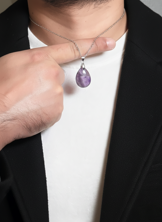 Amethyst Teardrop Pendant Men’s Necklace – Natural Purple Stone Necklace