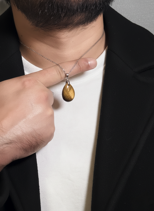 Tiger Eye Teardrop Pendant Men’s Necklace – Natural Golden Brown Stone Necklace