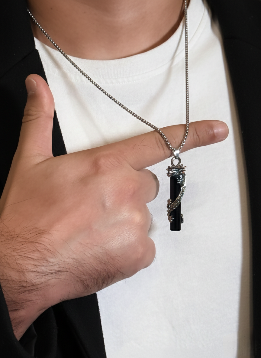 Black Onyx Dragon Pendant Necklace – Men’s Silver Chain