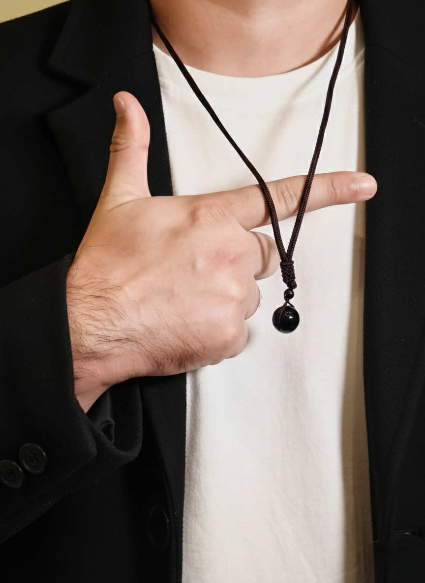 Men’s Black Onyx Bead Necklace on Adjustable Cord
