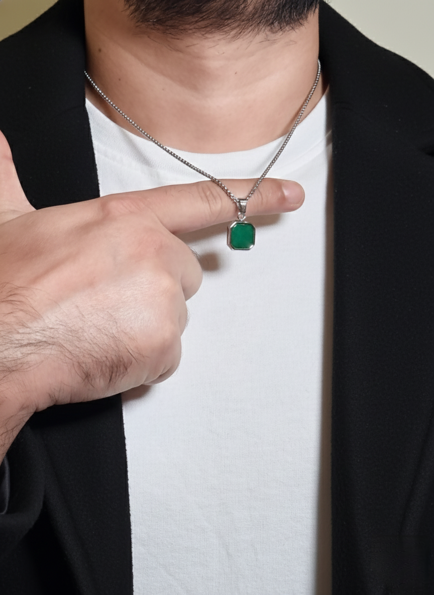 Green Aventurine Square Pendant Men’s Necklace – Natural Green Stone Necklace