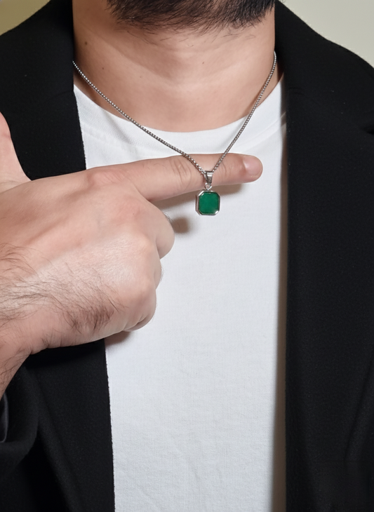 Green Aventurine Square Pendant Men’s Necklace – Natural Green Stone Necklace