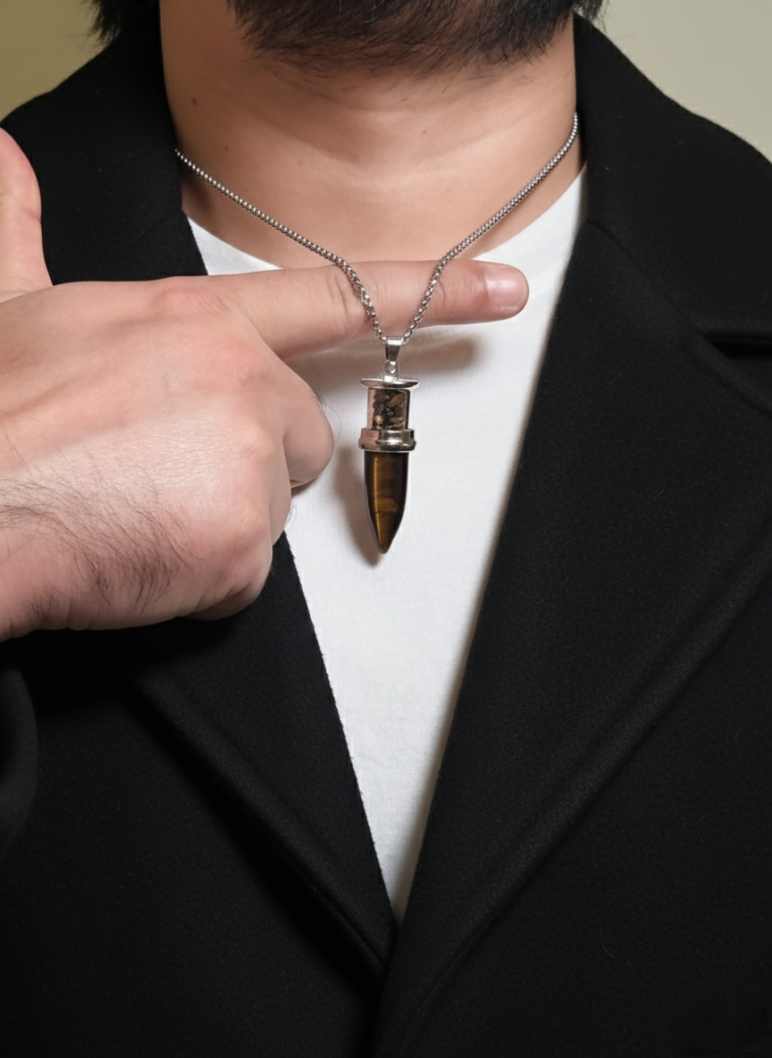 Tiger Eye Bullet Pendant Necklace with Natural Stone Chips – Men’s Silver Chain