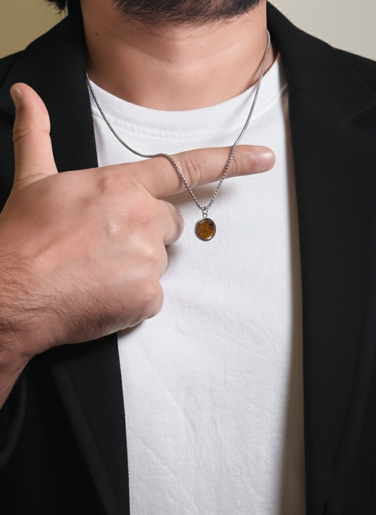 Men’s Silver Chain Necklace with Round Brown Agate Stone Pendant – Minimalist Pendant Necklace