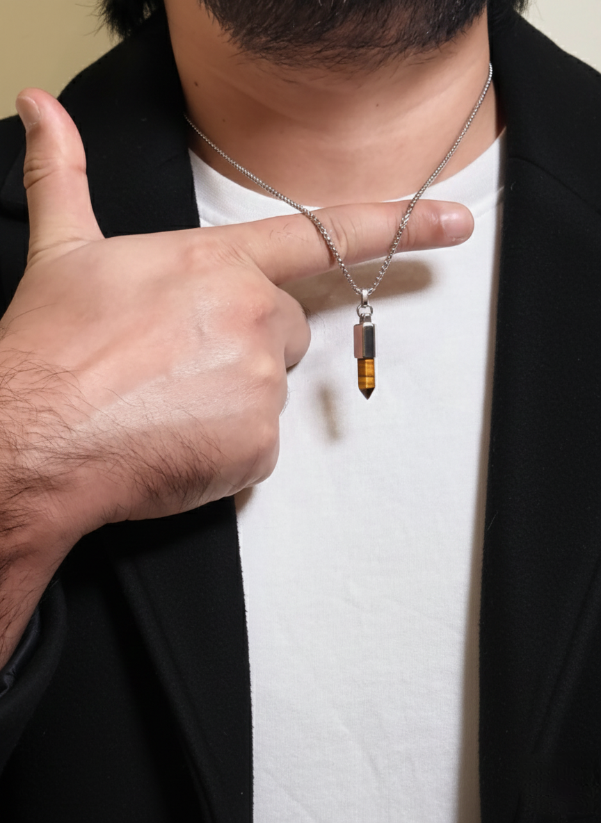 Men’s Silver Chain Necklace with Slim Clear Quartz Crystal-Point Pendant – Minimalist Pendant Necklace