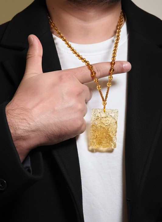Men’s Gold Bead Necklace with Amber Stone – Rectangular Amber Pendant Statement Necklace