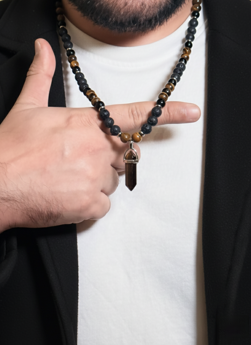 Men’s Black Bead Necklace with Tiger Eye Point Pendant – Natural Stone Beaded Necklace