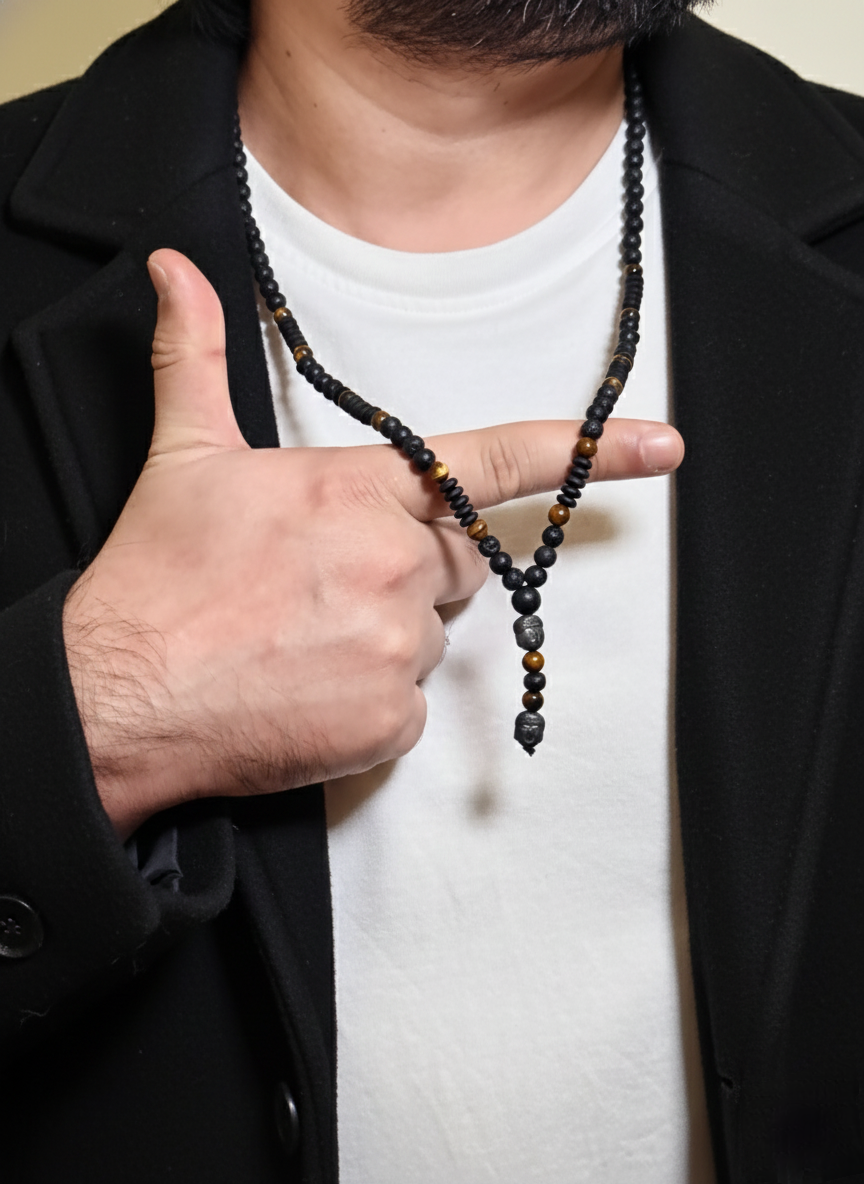Men’s Black Matte Bead Necklace with Tiger Eye Accents – Natural Stone Beaded Necklace