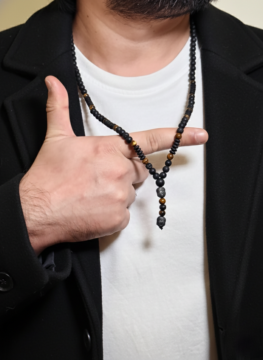 Men’s Black Matte Bead Necklace with Tiger Eye Accents – Natural Stone Beaded Necklace