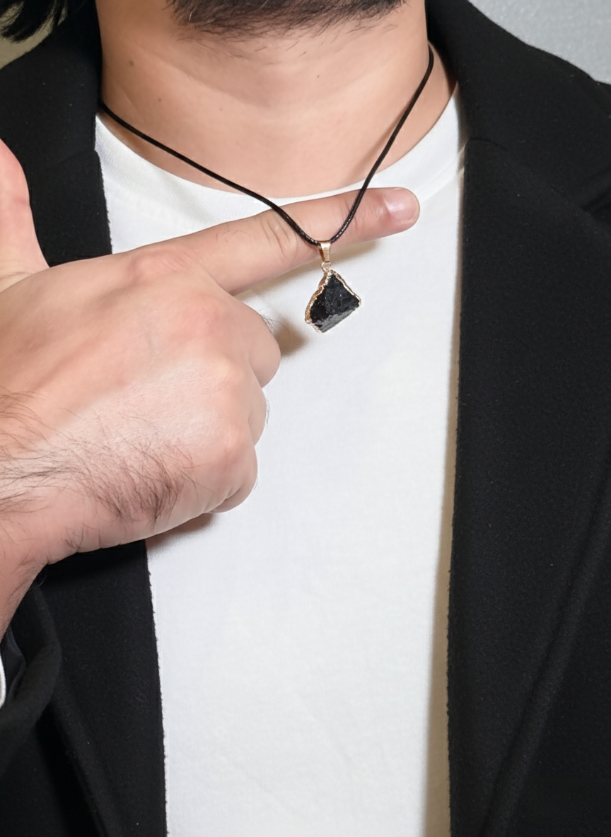 Raw Black Tourmaline Edge Pendant Men’s Necklace – Natural Stone Pendant