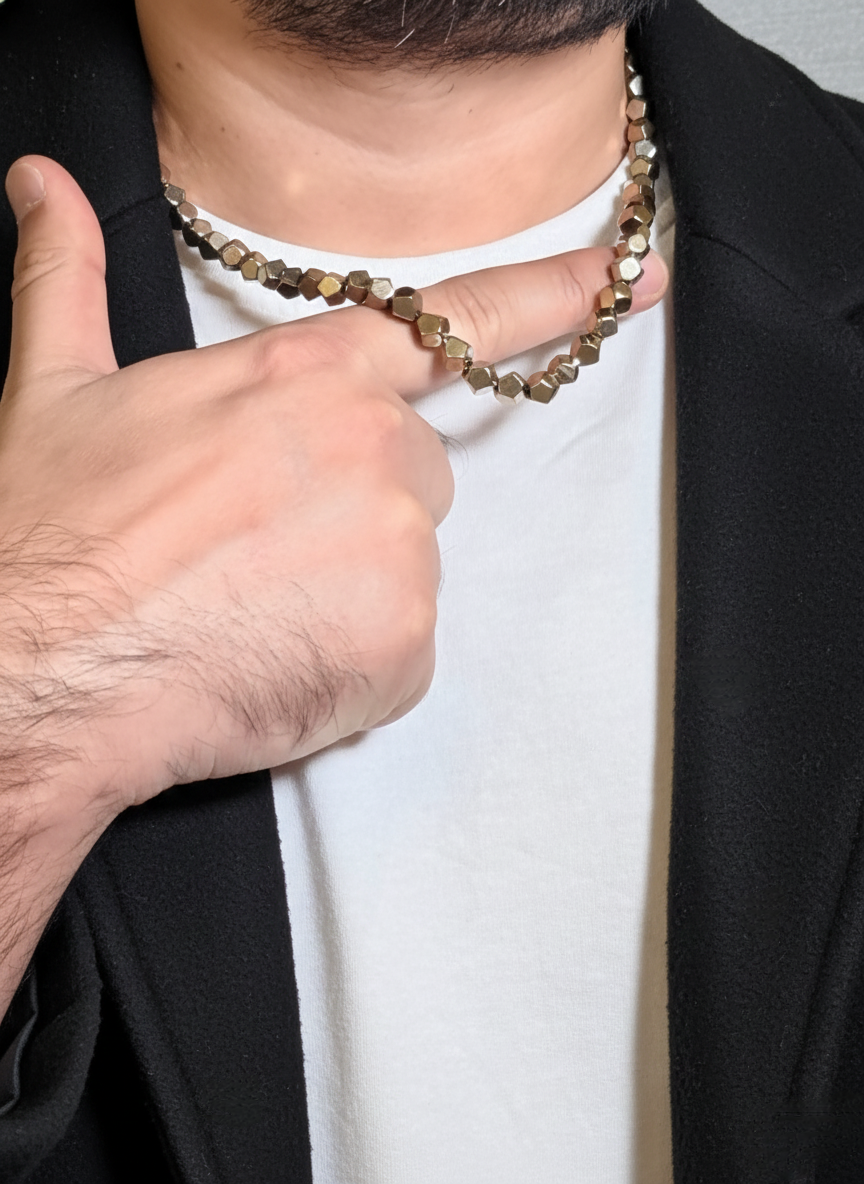 Gold-Tone Hematite Hexagon Bead Men’s Necklace – Geometric Beaded Necklace