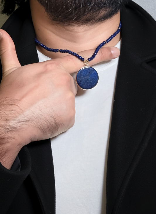 Lapis Lazuli Round Pendant Men’s Beaded Necklace – Natural Stone Beaded Necklace