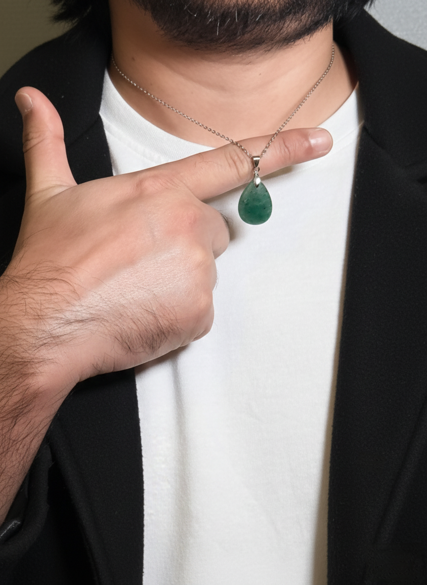 Green Aventurine Teardrop Pendant Men’s Necklace – Natural Stone Pendant Necklace