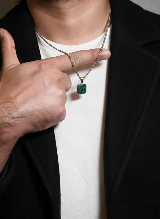 Malachite Square Pendant Men’s Necklace – Natural Green Stone Necklace